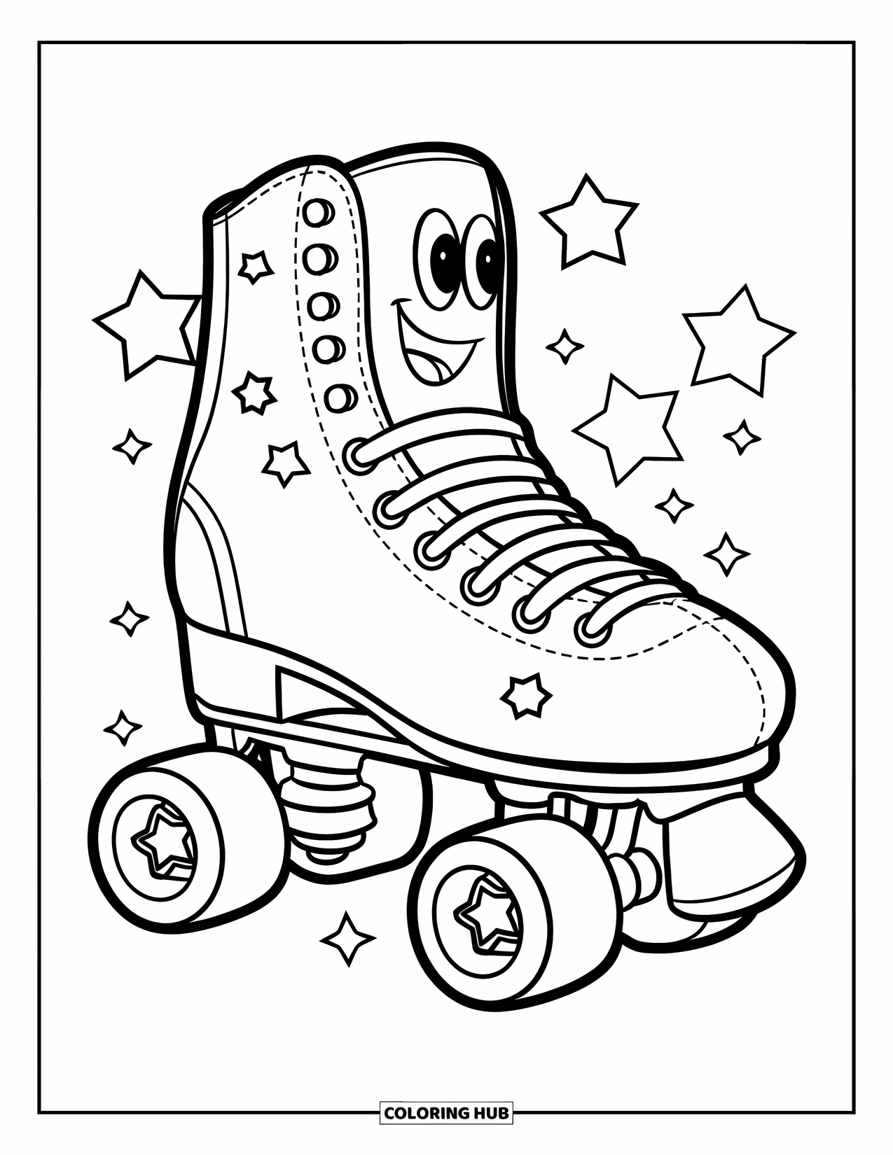 90S Coloring Page for Kids: Smiling roller skate with stars on its wheels and in the sky