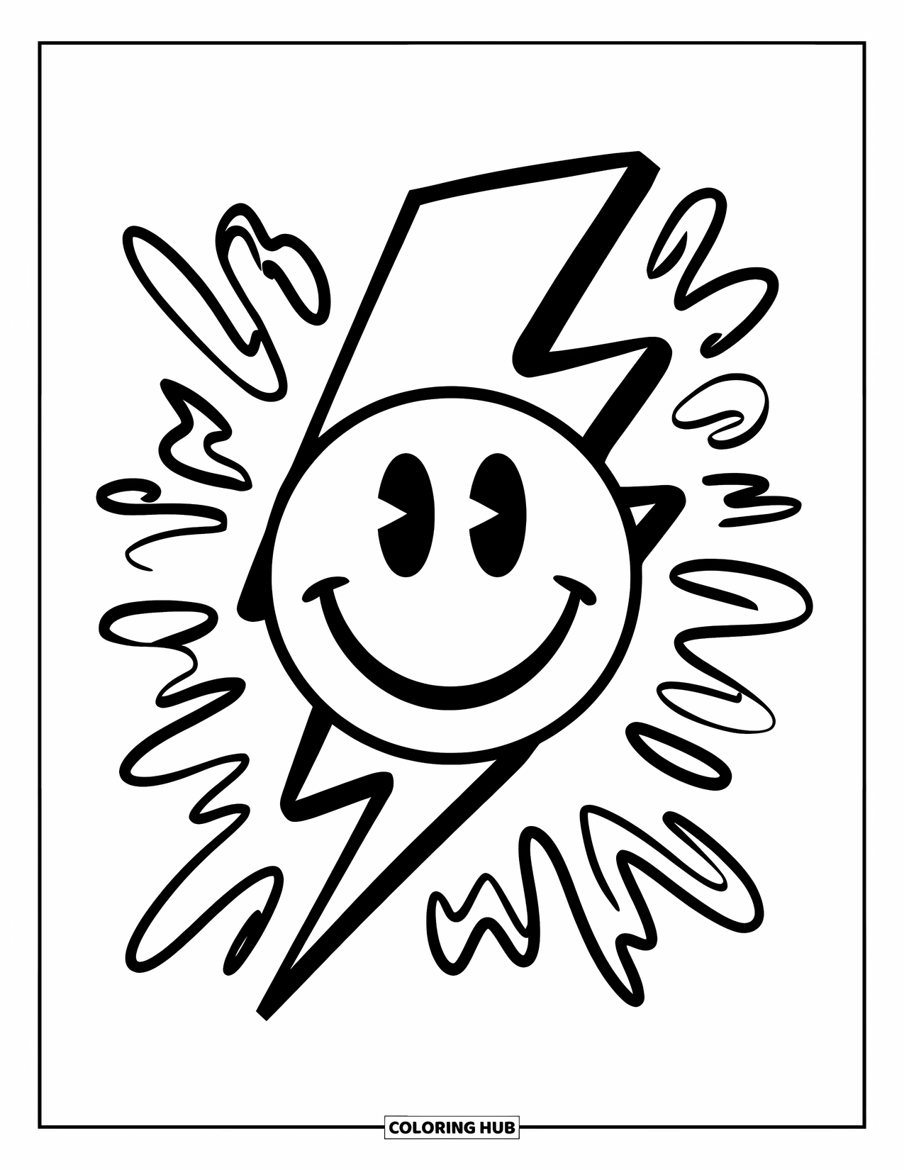 90S Coloring Page for Kids: Sticker with a big smile, bold eyes, and wild lightning and squiggles