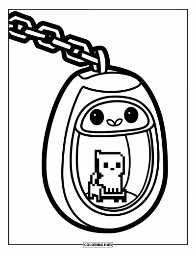 Fargeleggingsark med 90-tallstema for barn: Tamagotchi i en kjede med et lite kjæledyr inni et lite vindu