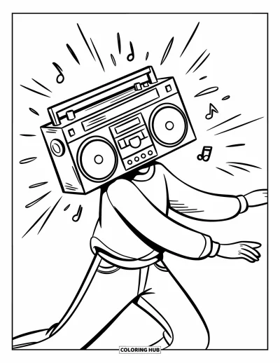 Fargeleggingsark med 90-tallstema for barn: Tenåring som danser med en boombox, musikk pulserer rundt dem