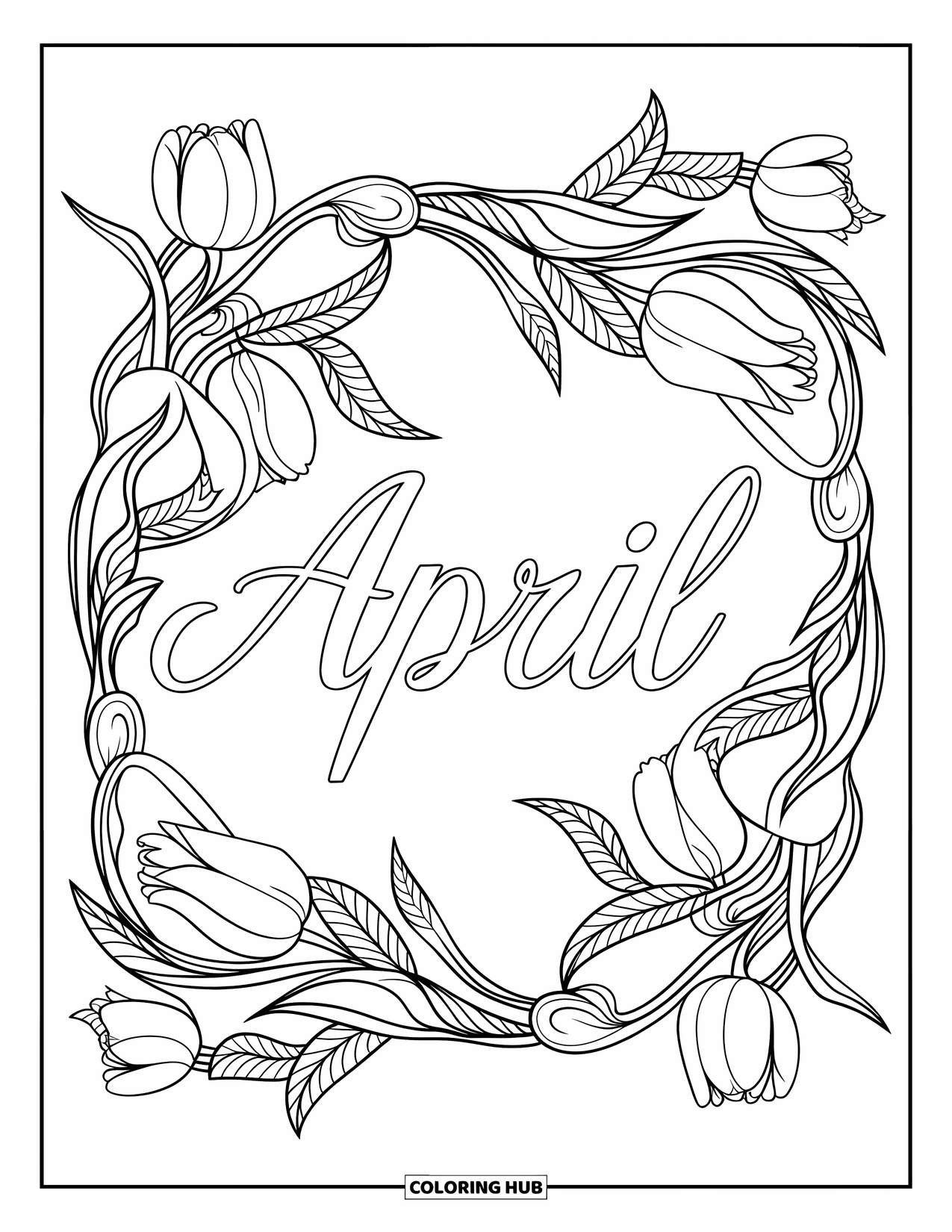 April Coloring Page for Adults: "April" in flowing script surrounded by tulip and leaf mandala patterns