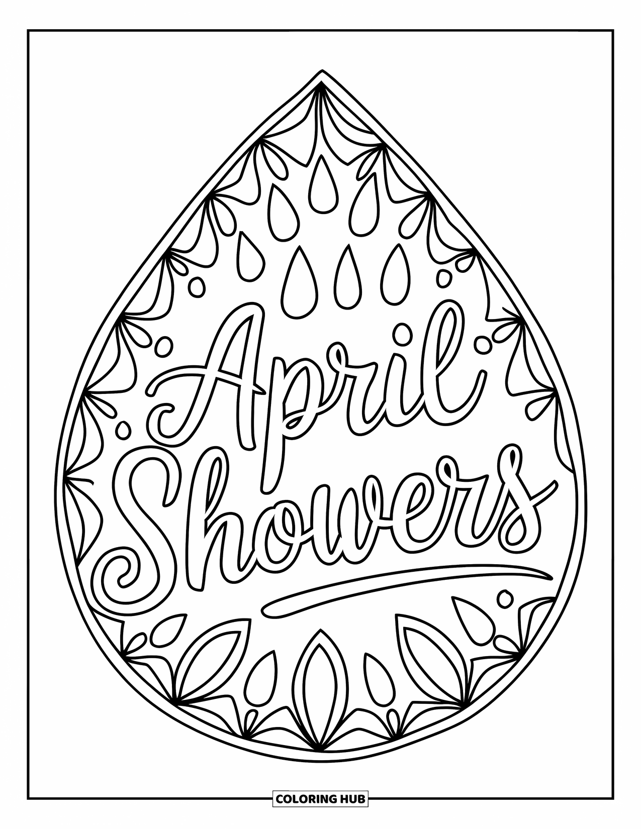April Coloring Page for Adults: "April Showers" inside a teardrop mandala made of raindrops and flowers
