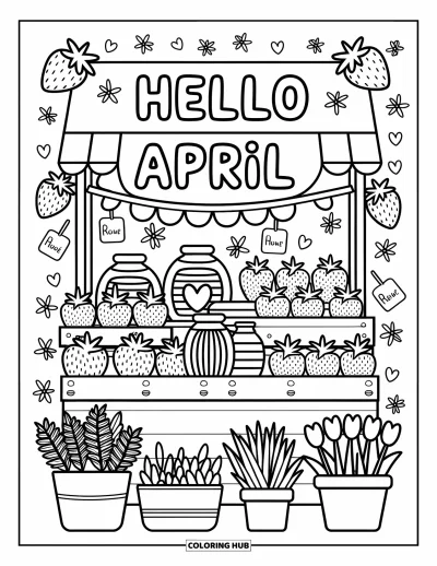 Dubnová omalovánka pro dospělé: Bobule, bylinky a tulipány u stánku pod veselým bannerem "Hello April"