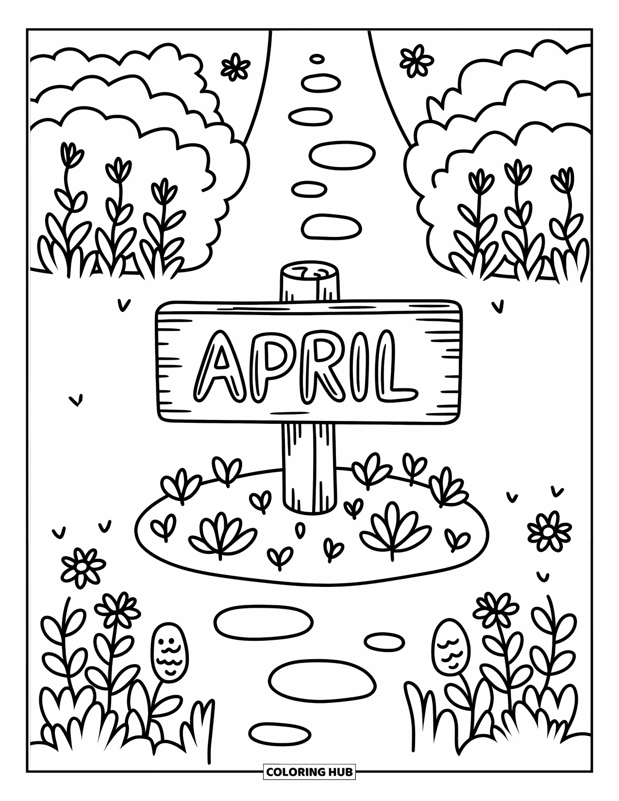 April Coloring Page for Adults: Budding plants and gloves around a signpost carved with "April"