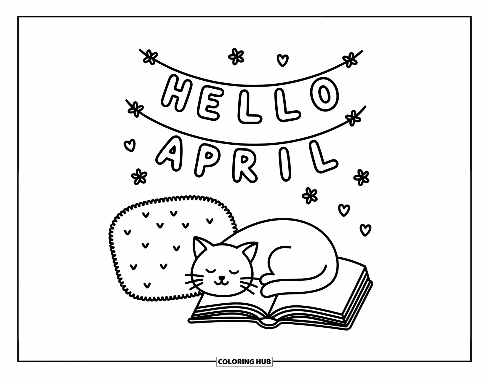 April Coloring Page for Adults: Cat napping beside a book and cushion under a "Hello April" banner