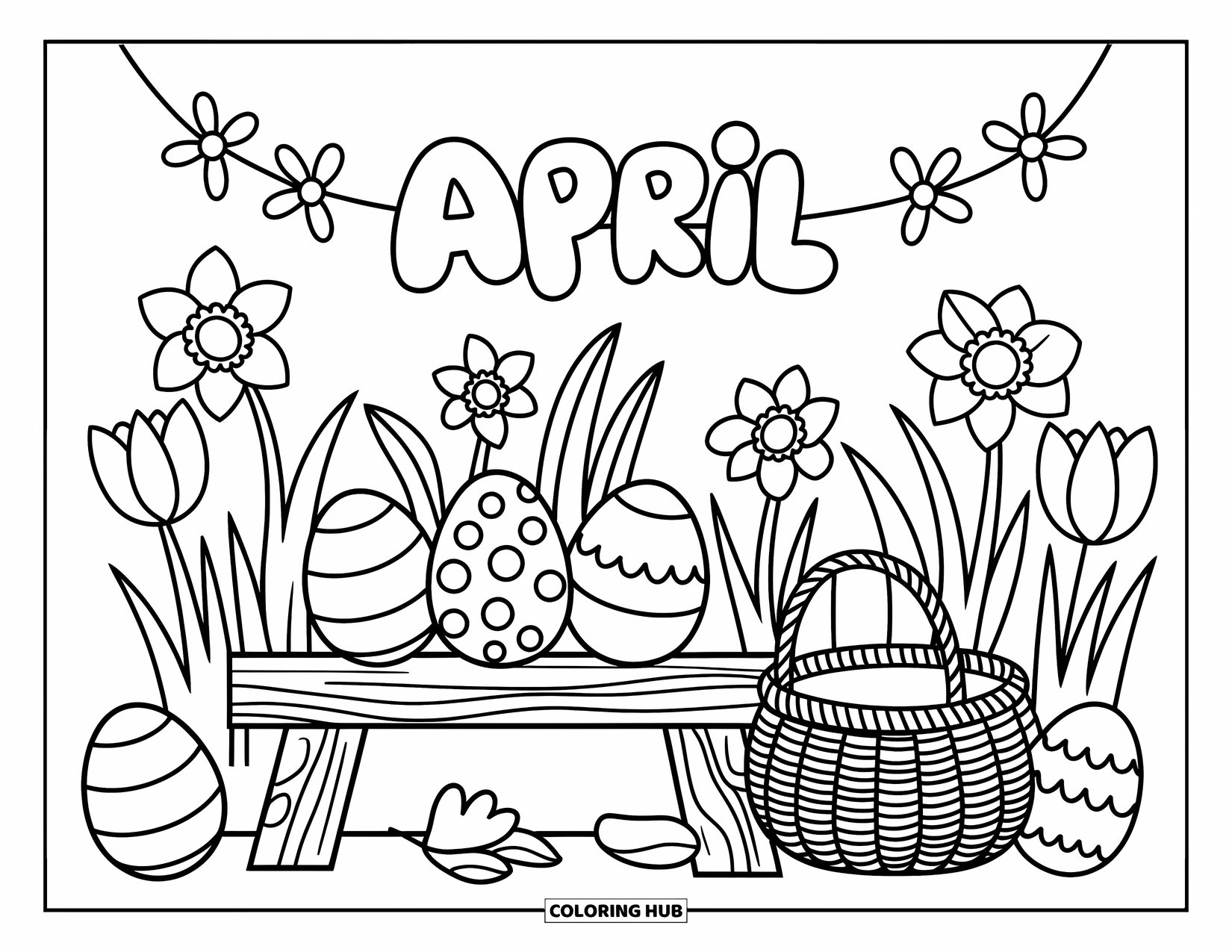 April Coloring Page for Adults: Daffodils, eggs, and a log bench beneath a cheerful "April" banner