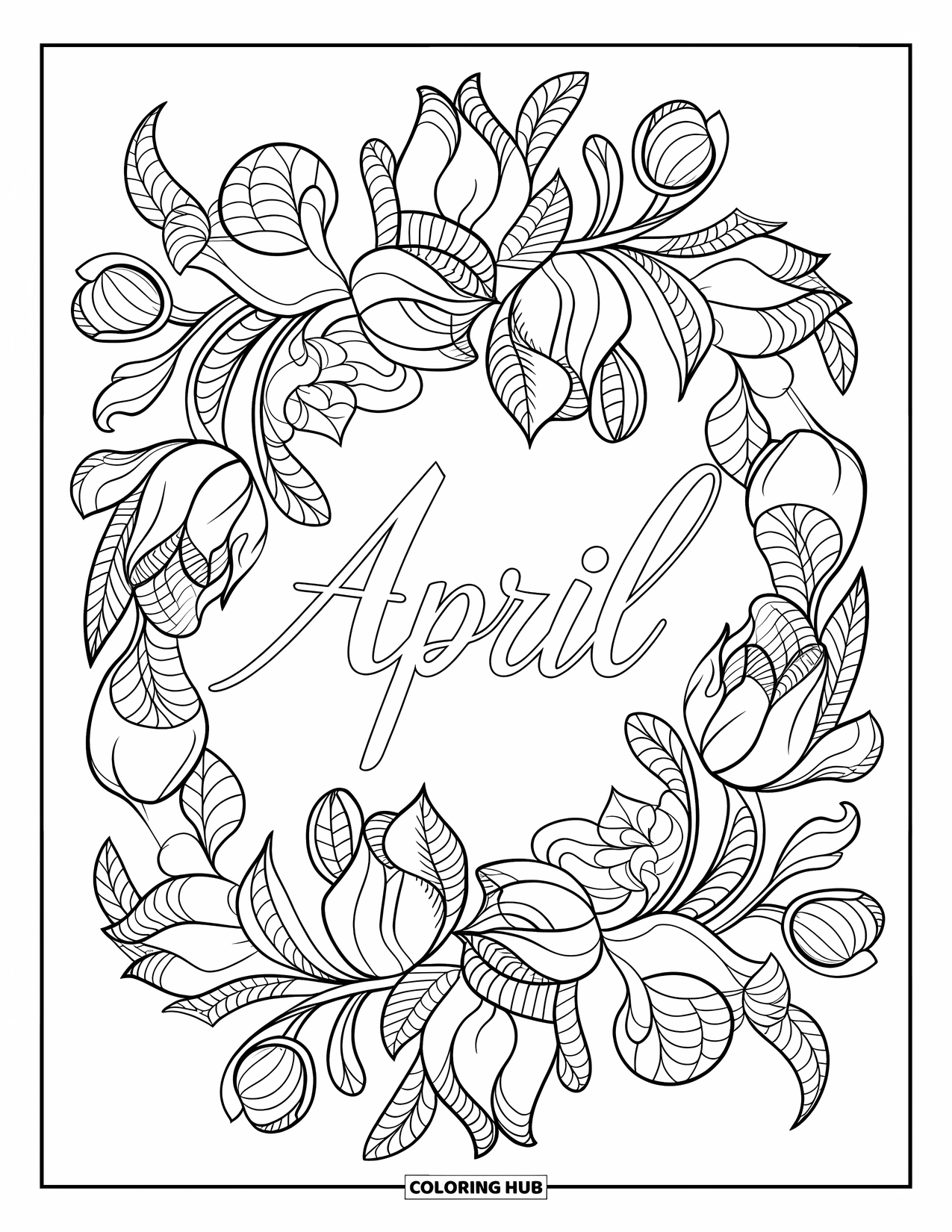 April Coloring Page for Adults: Elegant "April" centered in a mandala of tulips, leaves, and petals