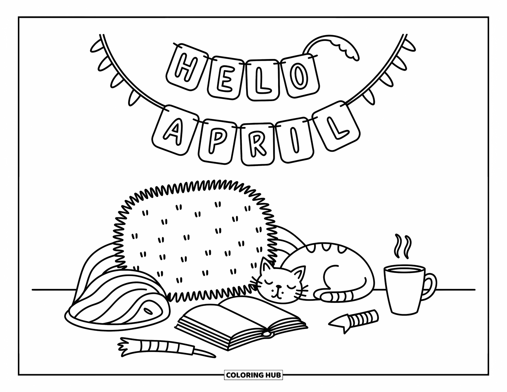 April Coloring Page for Adults: Fluffy cat and cozy setup beneath a cheerful "Hello April" sign