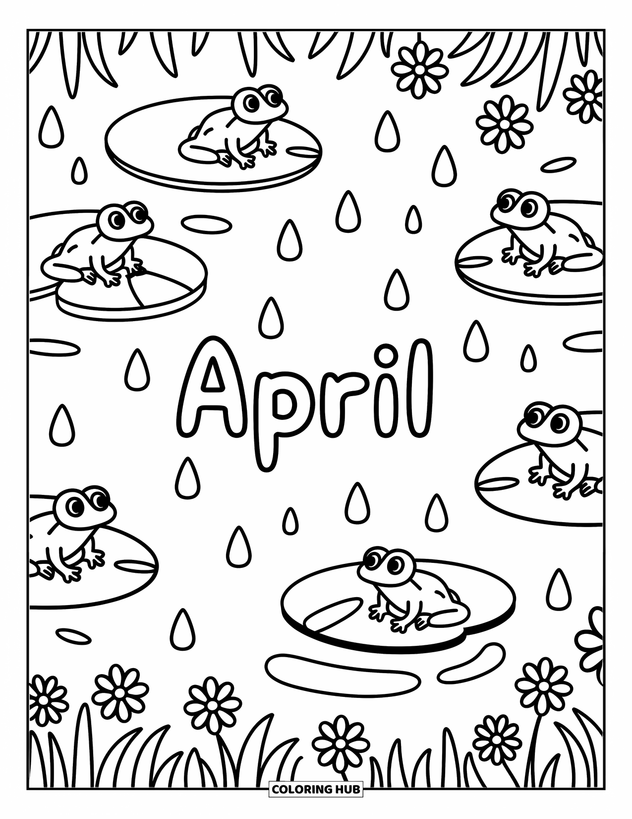 April Coloring Page for Adults: Frogs hopping on lily pads near a puddle that reads "April"