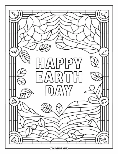 Dubnová omalovánka pro dospělé: "Happy Earth Day" orámované stromy, vlnkami a symboly recyklace v panelech vitráže