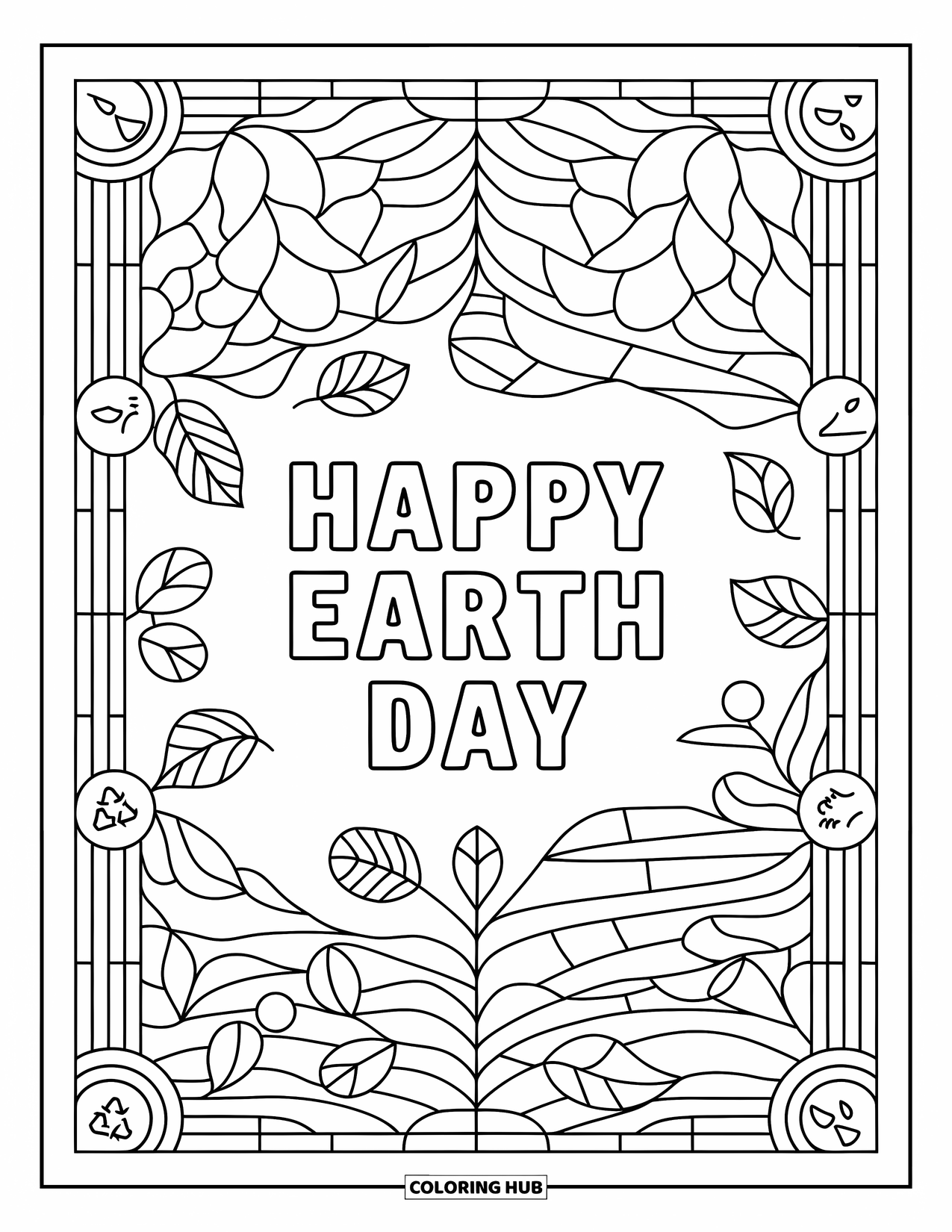April Coloring Page for Adults: "Happy Earth Day" framed by trees, ripples, and recycle symbols in stained glass panels