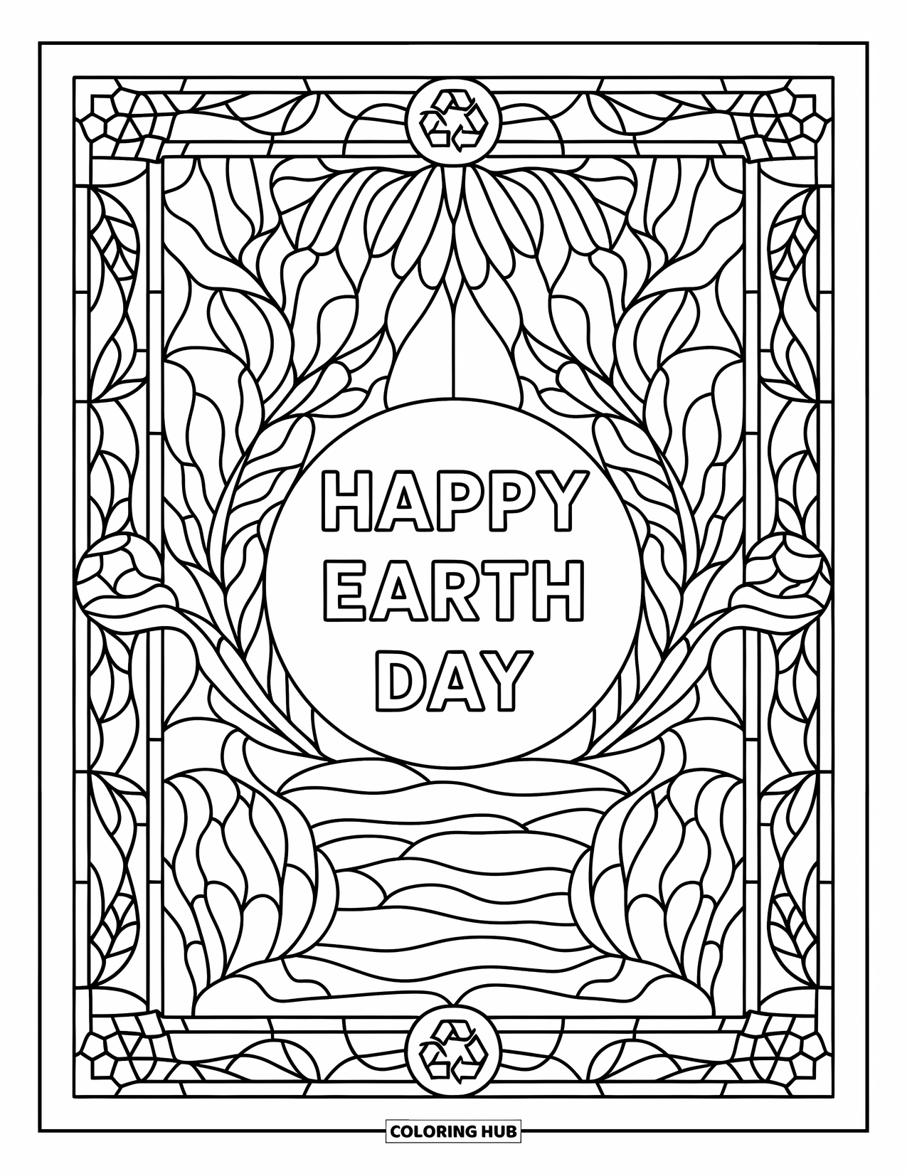 April Coloring Page for Adults: "Happy Earth Day" with nature symbols arranged in stained glass panels