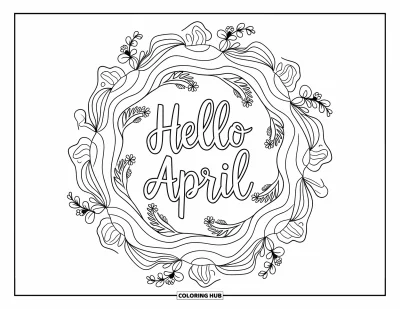 Dubnová omalovánka pro dospělé: "Hello April" uprostřed mandaly z listů, vln a jarních květin