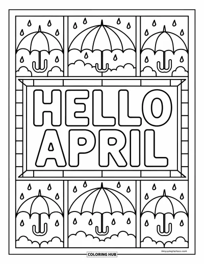 Dubnová omalovánka pro dospělé: "Hello April" uprostřed deštivého rámečku ve stylu vitráže