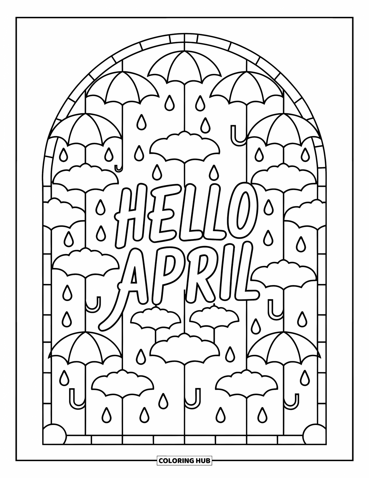 April Coloring Page for Adults: "Hello April" inside a stained glass pattern of umbrellas and cloud shapes