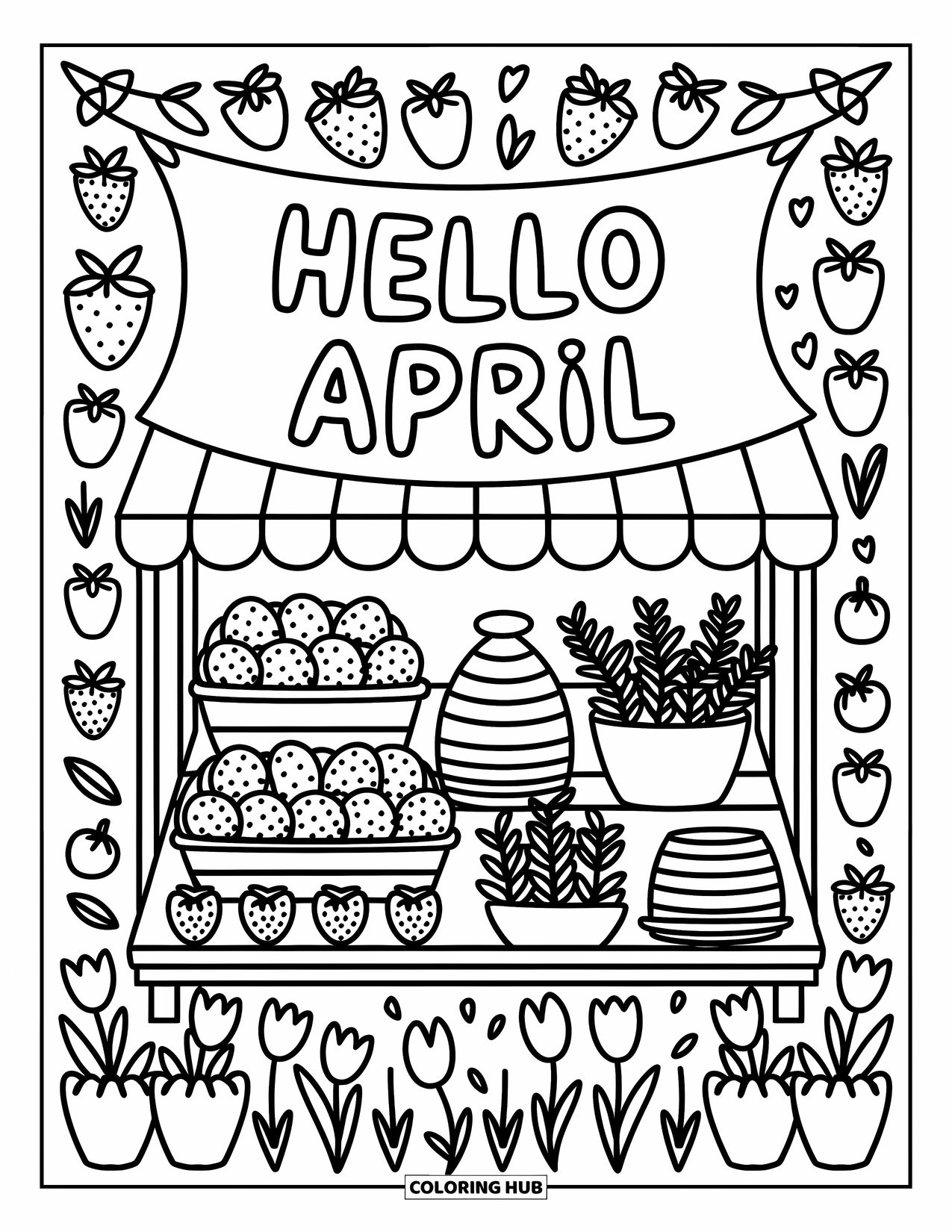 April Coloring Page for Adults: Market stall full of spring treats with a big "Hello April" sign