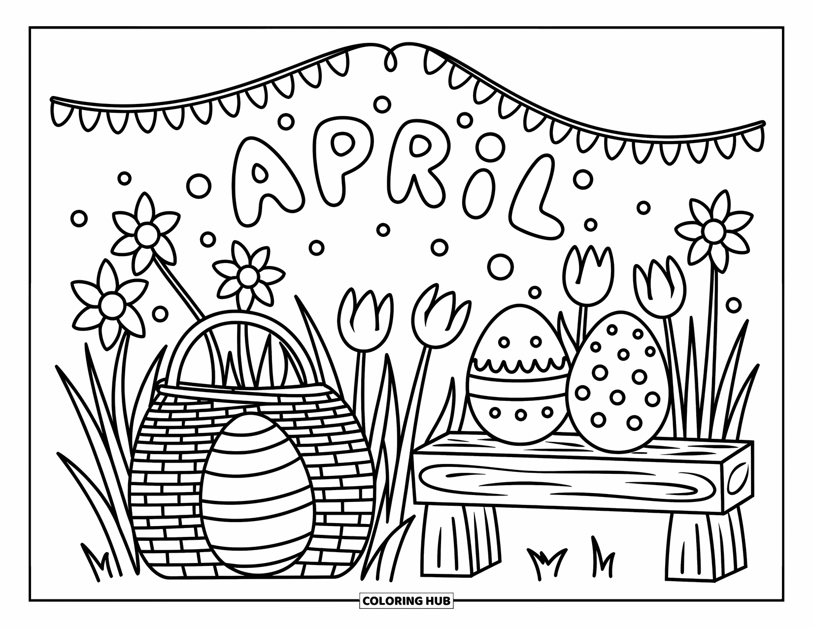 April Coloring Page for Adults: Painted eggs and flowers with a cute "April" sign in the garden