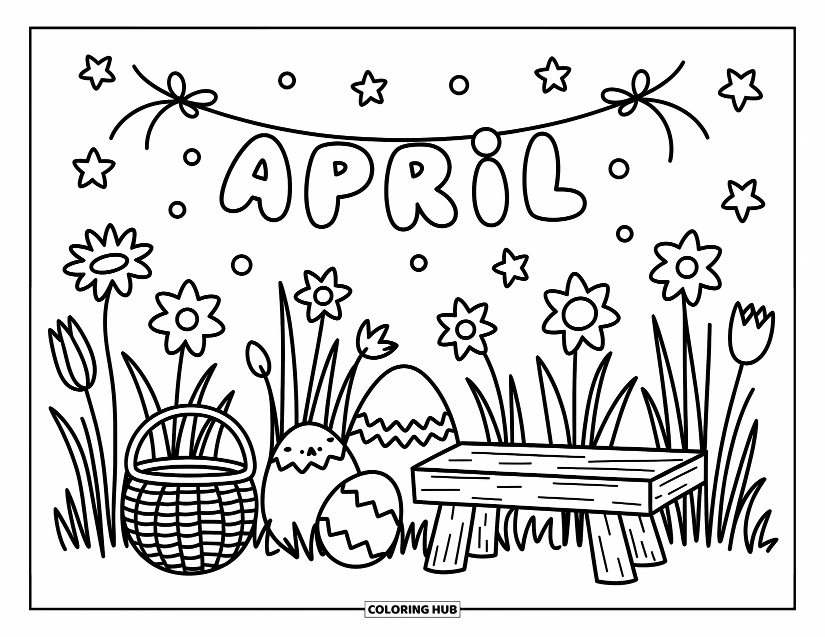 April Coloring Page for Adults: Painted eggs and tulips by a bench with "April" in bubble letters