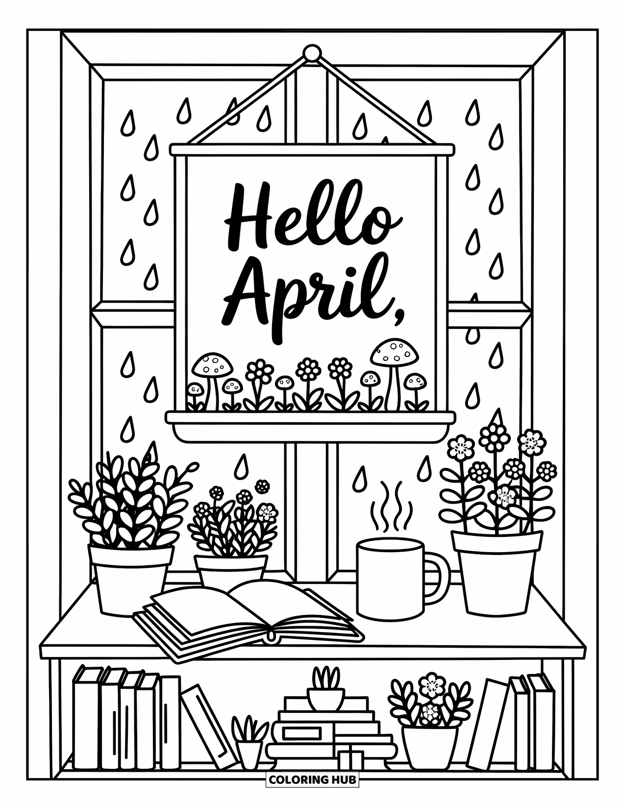 April Coloring Page for Adults: Potted plants and books under a rainy window with "Hello April"