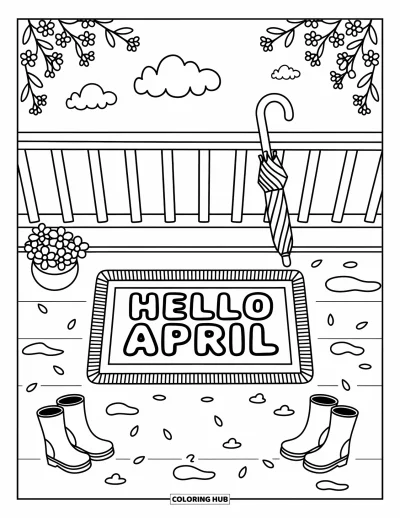 Dubnová omalovánka pro dospělé: Louže a třešňové okvětní lístky kolem rohožky s nápisem "Hello April"