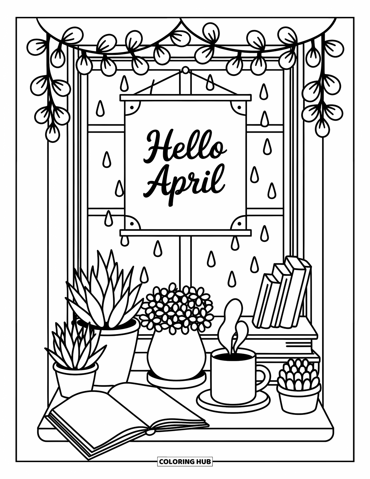April Coloring Page for Adults: Raindrops fall outside a window nook with books and "Hello April" sign