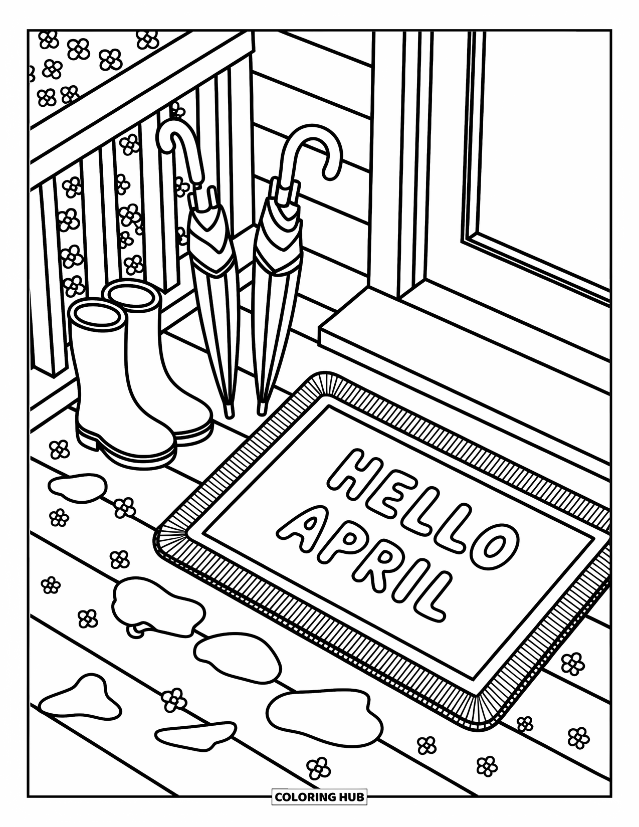 April Coloring Page for Adults: Rainy porch scene with boots and a "Hello April" doormat