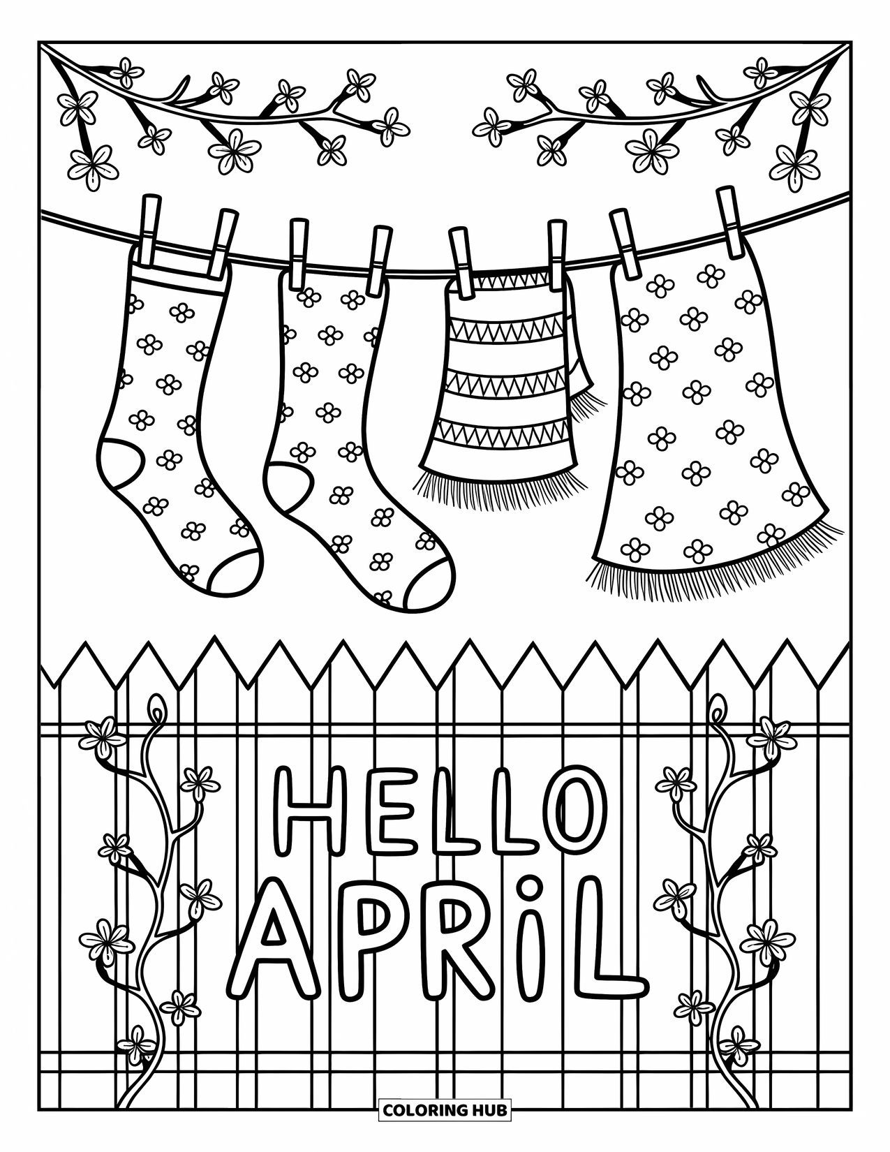April Coloring Page for Adults: Scarves and tea towels blowing above a "Hello April" sign