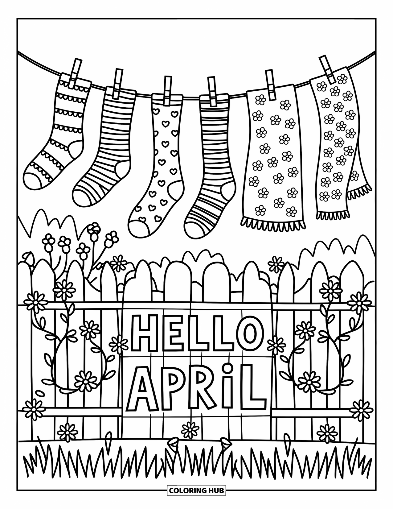 April Coloring Page for Adults: Socks and scarves drying near a fence with "Hello April" on it