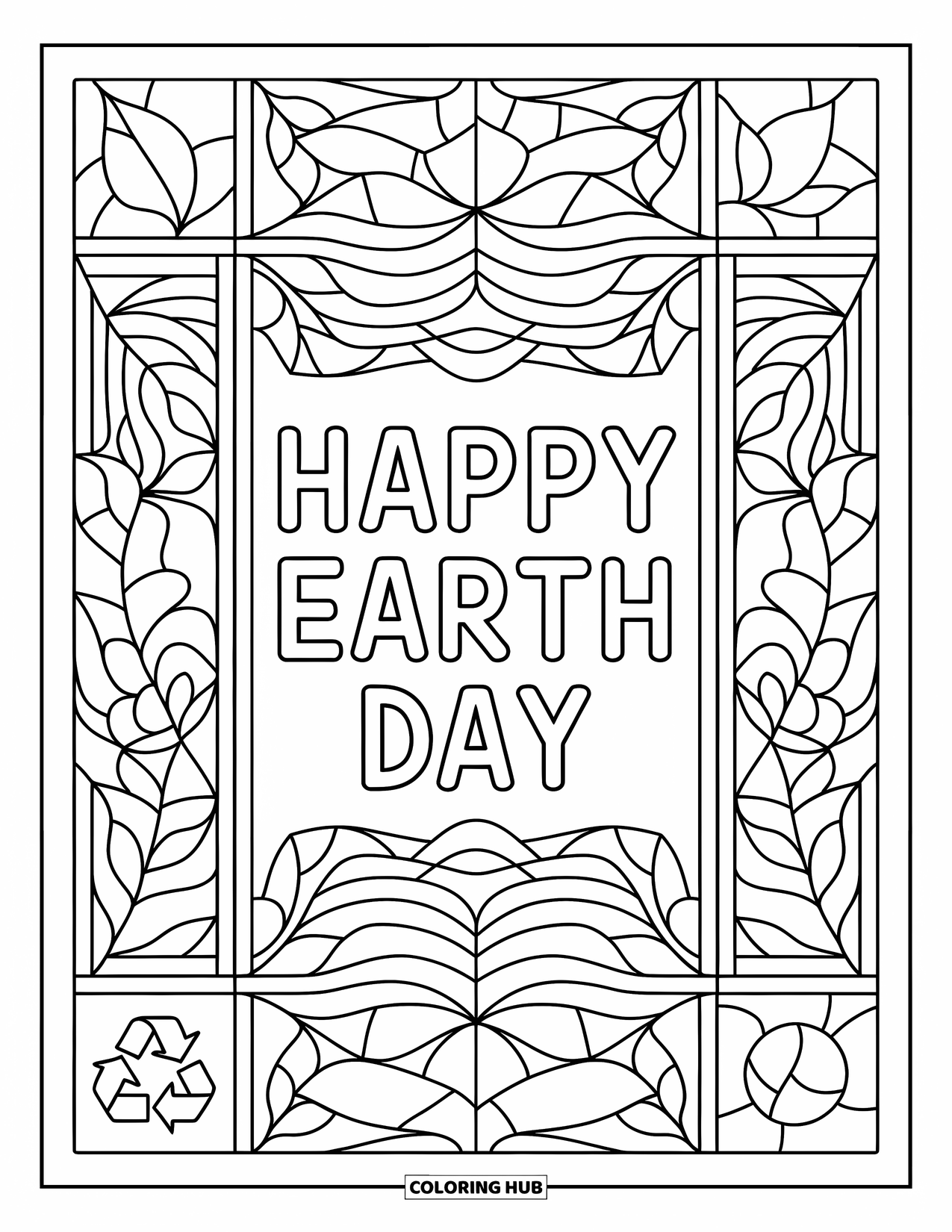 April Coloring Page for Adults: Stained glass leaves and trees encircle the words "Happy Earth Day"