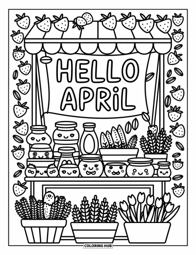 Dubnová omalovánka pro dospělé: Jahody a tulipány u příjemného stánku s veselou cedulkou "Hello April"