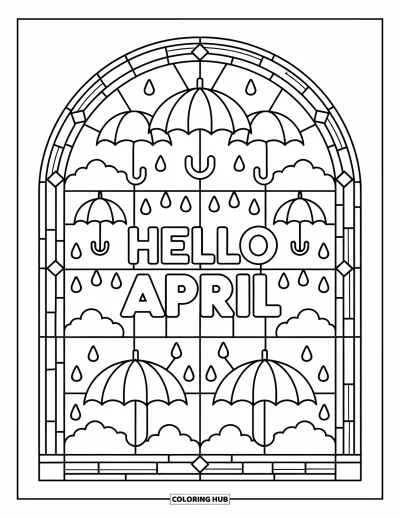 Dubnová omalovánka pro dospělé: Deštník a kapky na okně kolem nápisu "Hello April"