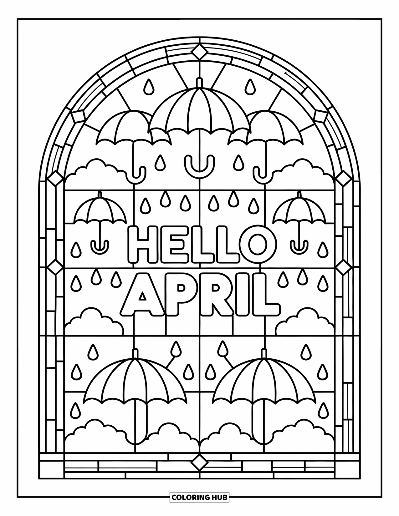 April Coloring Page for Adults: Umbrella and raindrop window design around the phrase "Hello April"