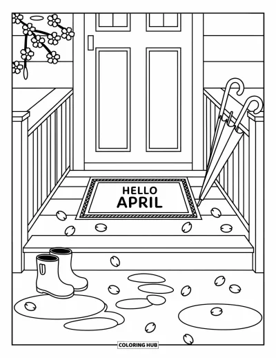 Dubnová omalovánka pro dospělé: Deštníky a gumáky na verandě s rohožkou "Hello April"