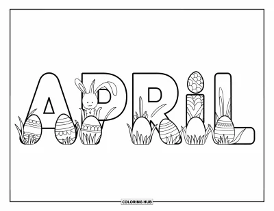 Dubnová omalovánka pro děti: Nápis duben vyplněný velikonočními vajíčky, králičíma ušima a trávou