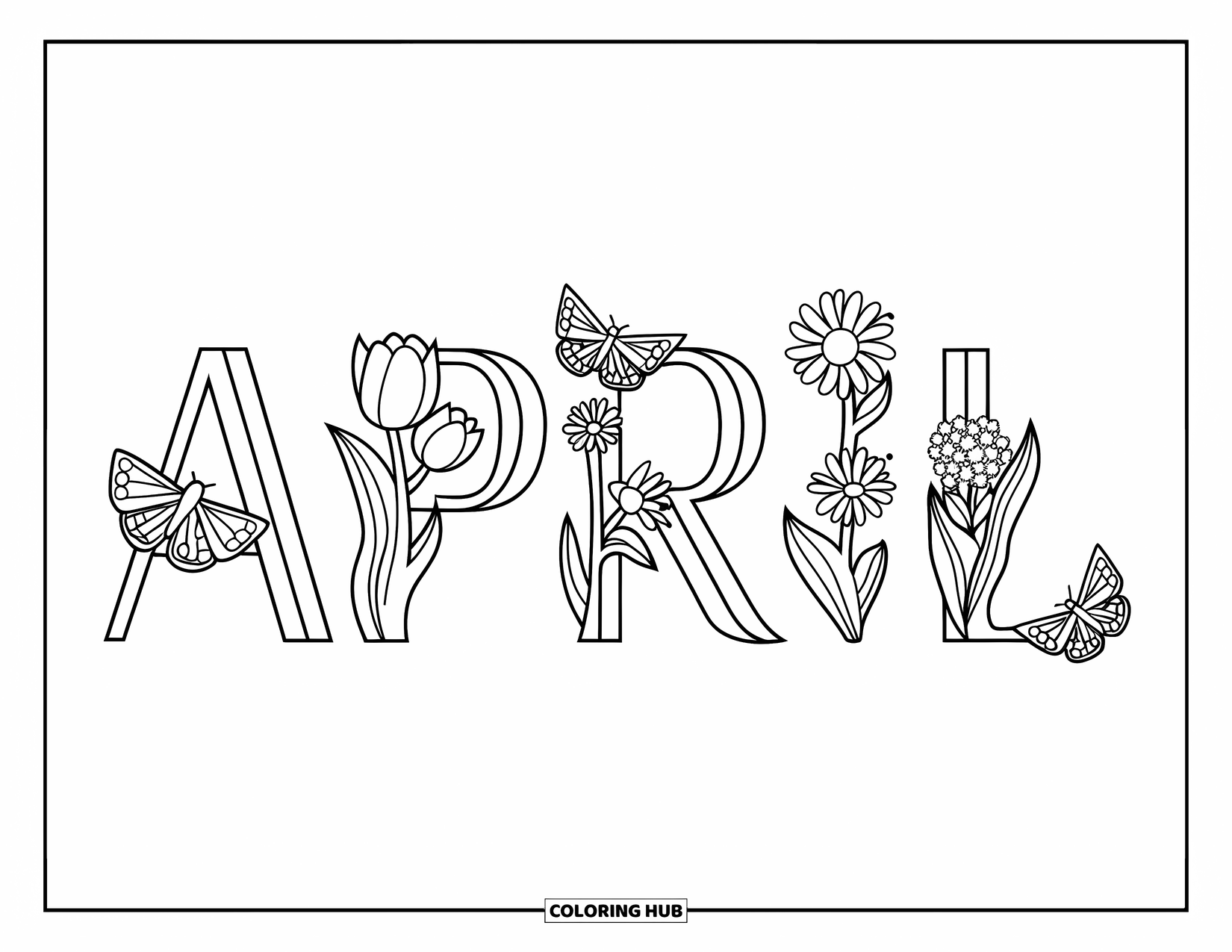 April Coloring Page for Kids: April text decorated with tulips, daisies, and butterflies