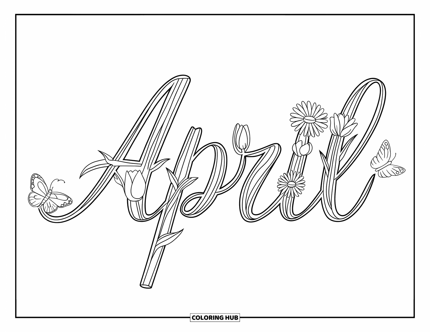 April Coloring Page for Kids: April word in script style with flowers and butterflies on each letter