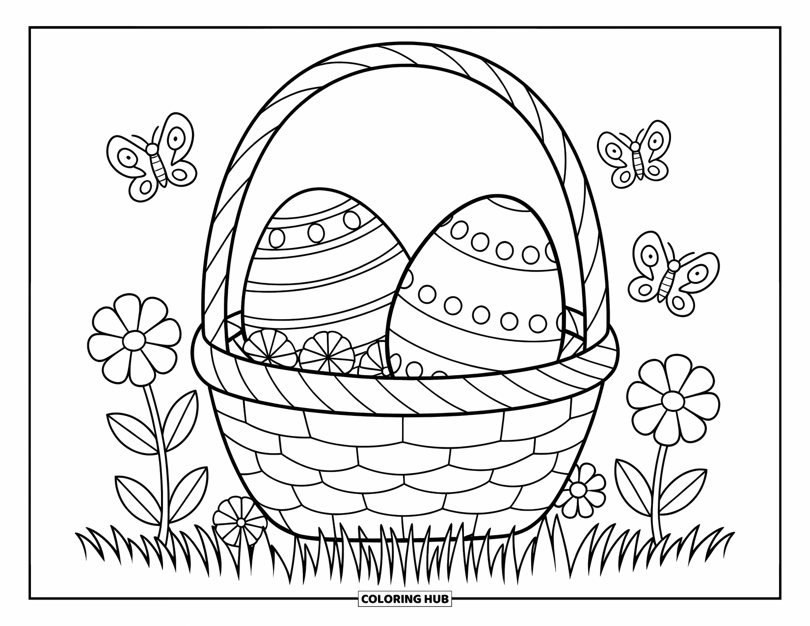 April Coloring Page for Kids: Basket with two big decorated eggs and butterflies around