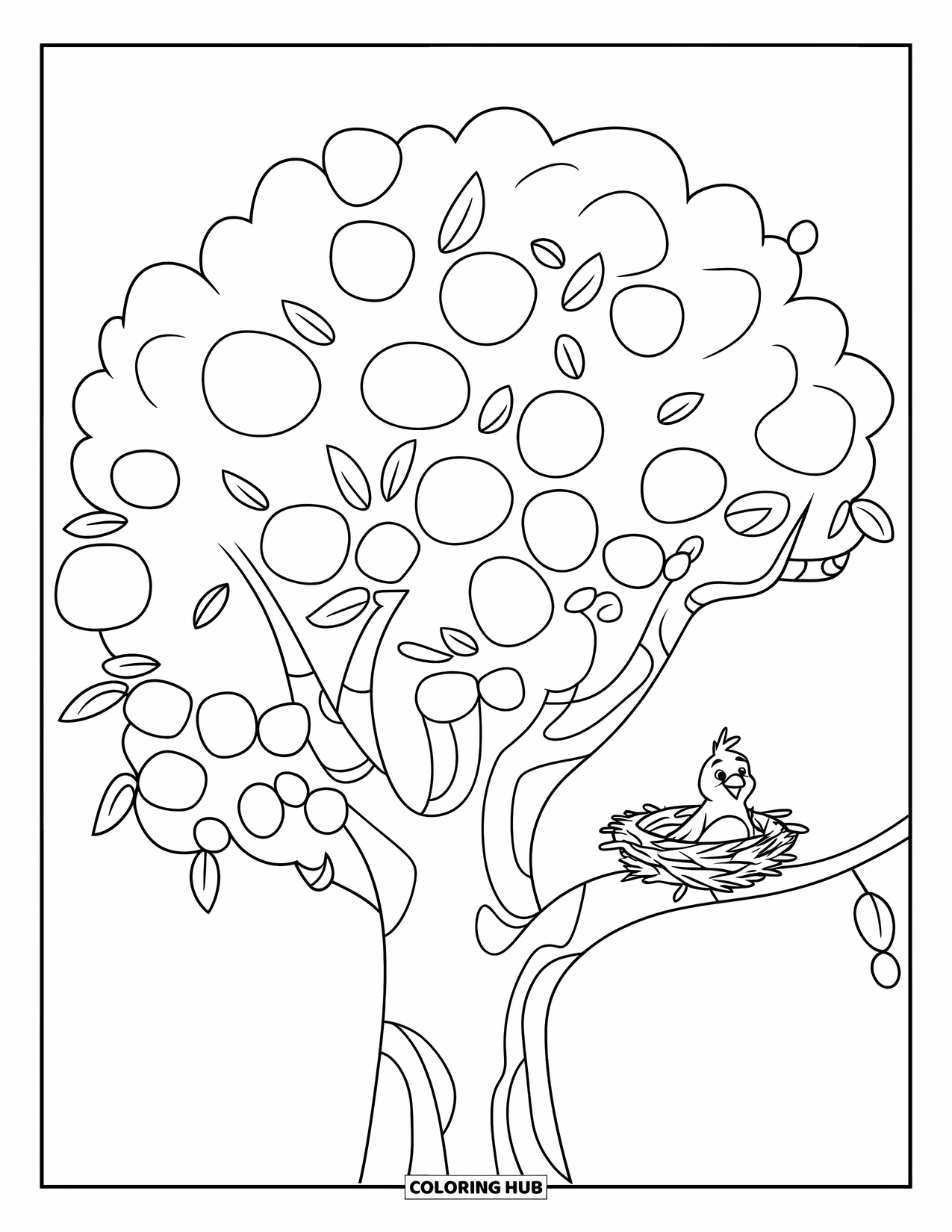 April Coloring Page for Kids: Bird sitting in a nest on a leafy tree