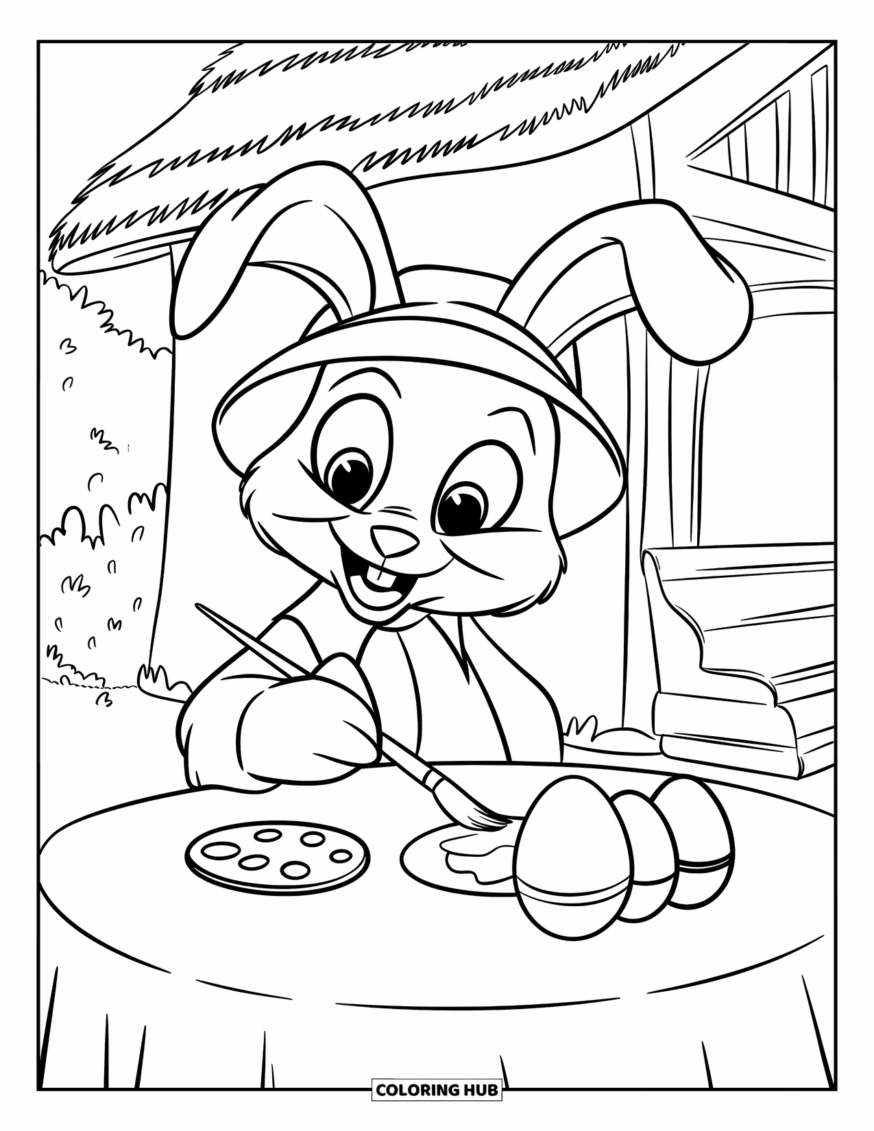April Coloring Page for Kids: Bunny painting Easter eggs at a table near a cottage