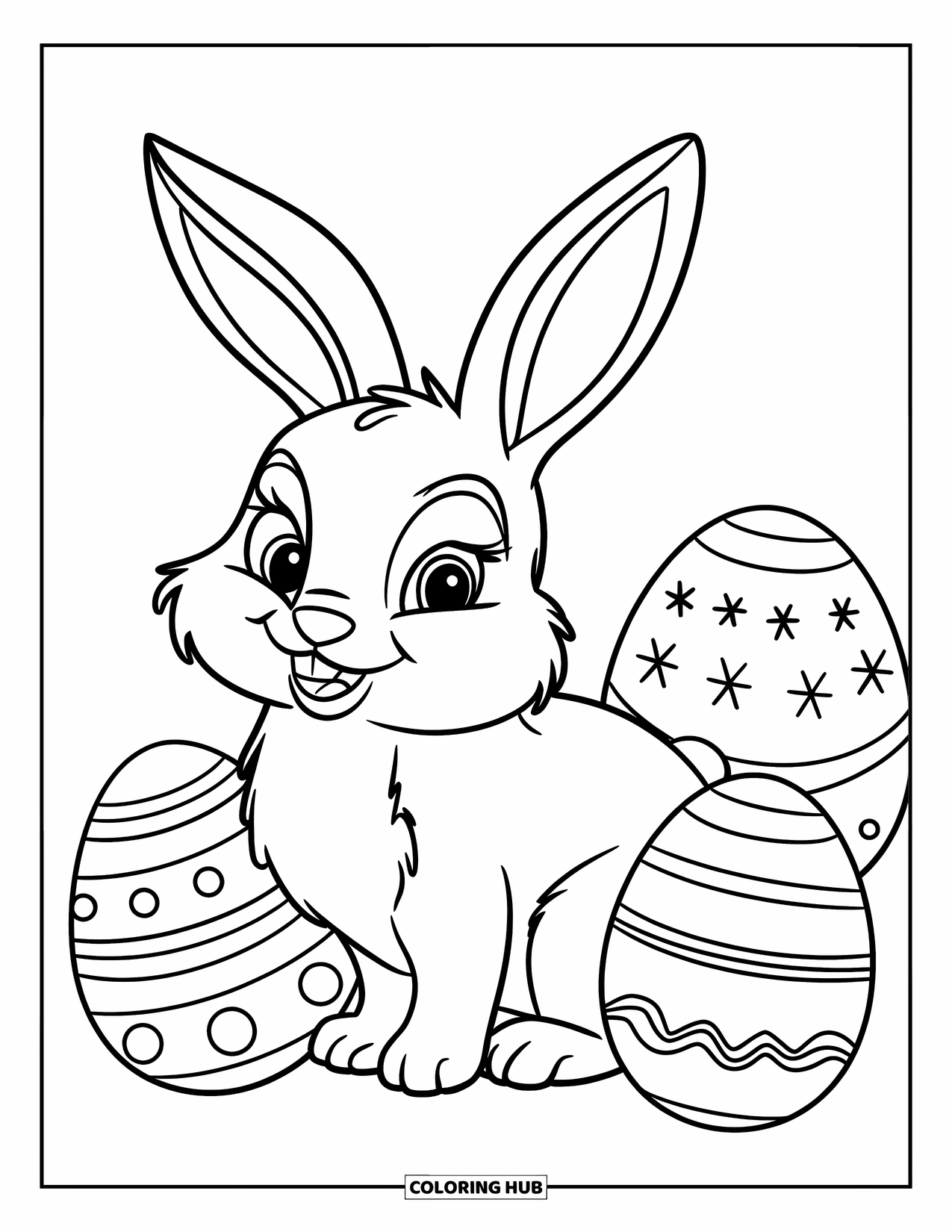April Coloring Page for Kids: Bunny sitting beside three decorated Easter eggs