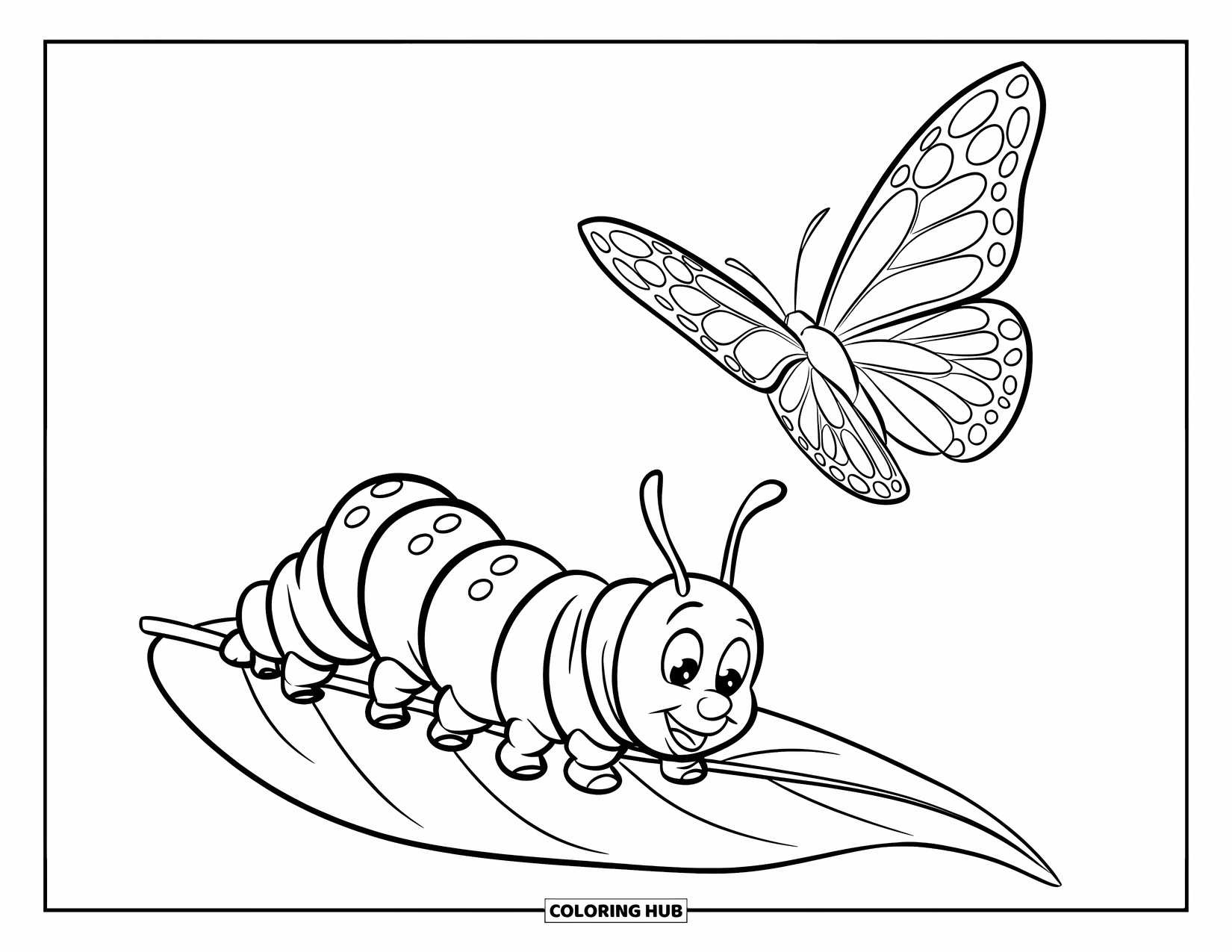 April Coloring Page for Kids: Caterpillar on a leaf with a butterfly flying above