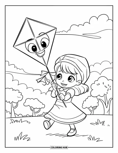 Dubnová omalovánka pro děti: Chibi dívka v šatičkách pouštějící usměvavého draka