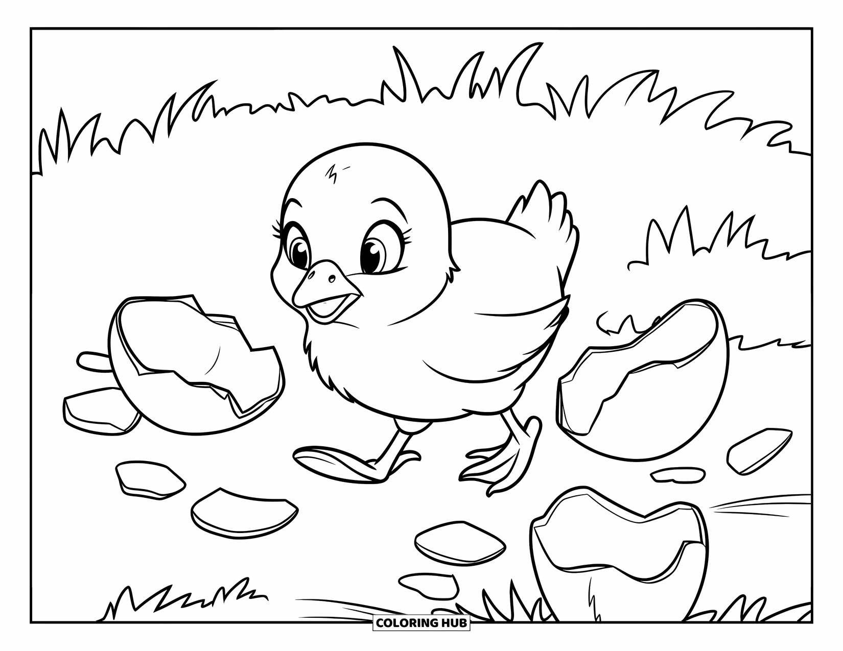 April Coloring Page for Kids: Chick walking beside cracked eggshells in a grassy patch