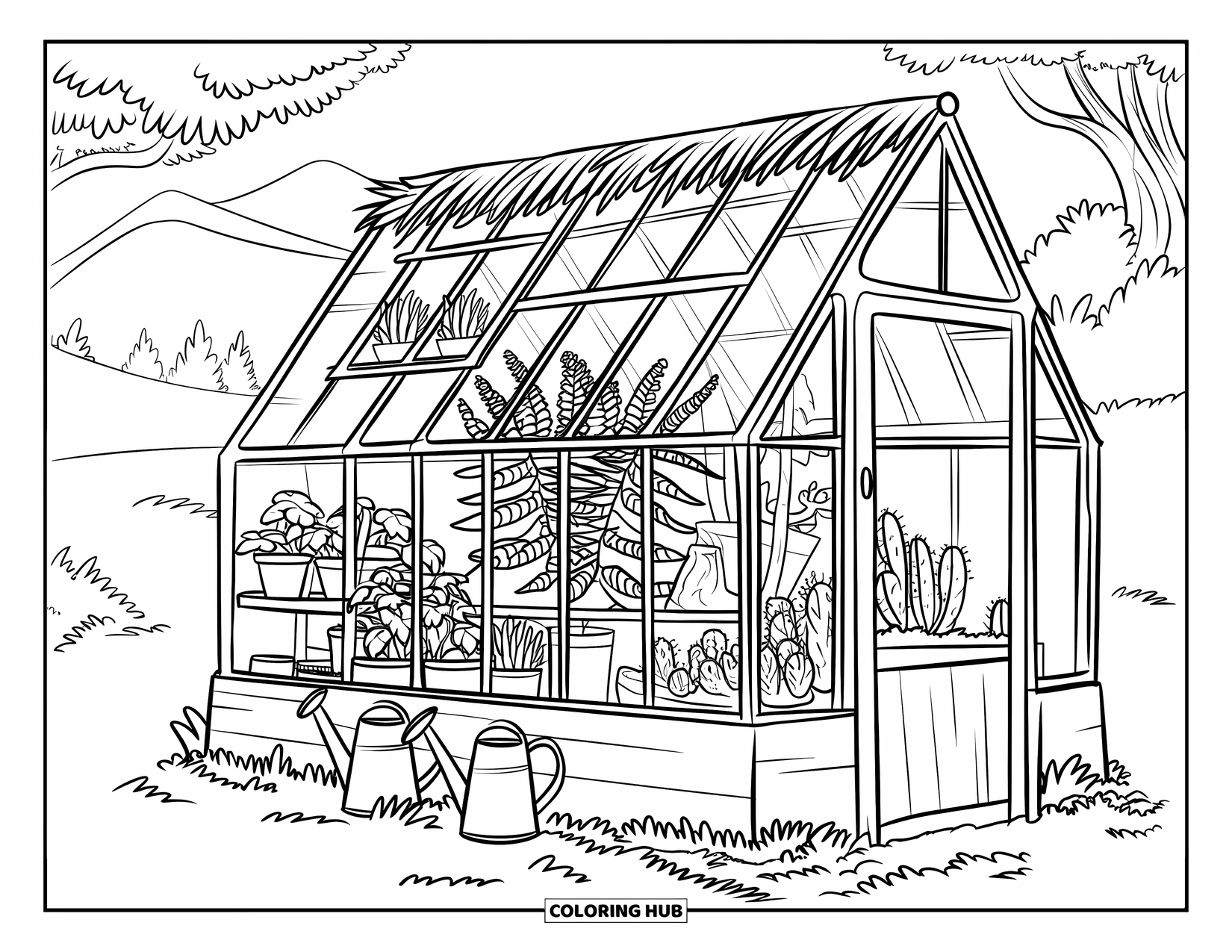 April Coloring Page for Kids: Cozy greenhouse with potted plants, watering cans, and tiny seedlings