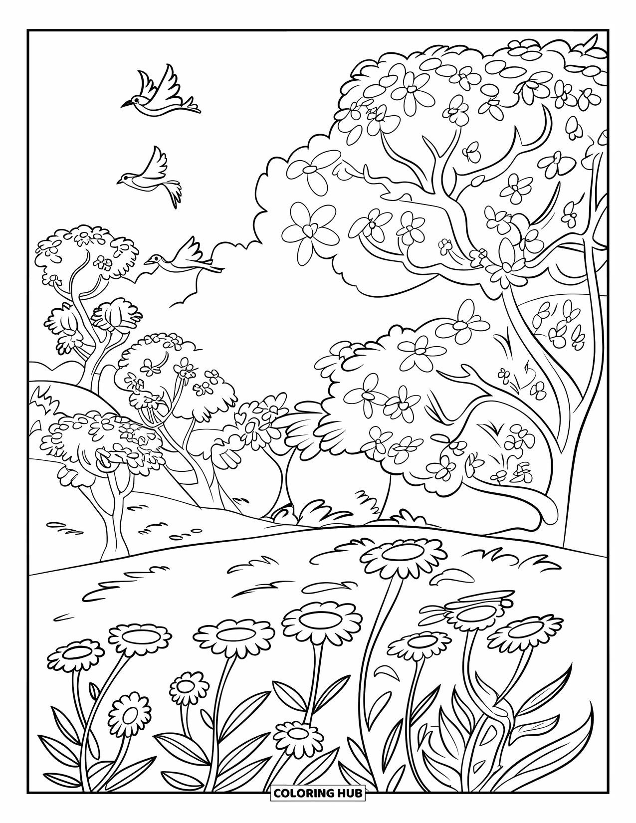 April Coloring Page for Kids: Flying birds and blooming trees in a peaceful spring setting