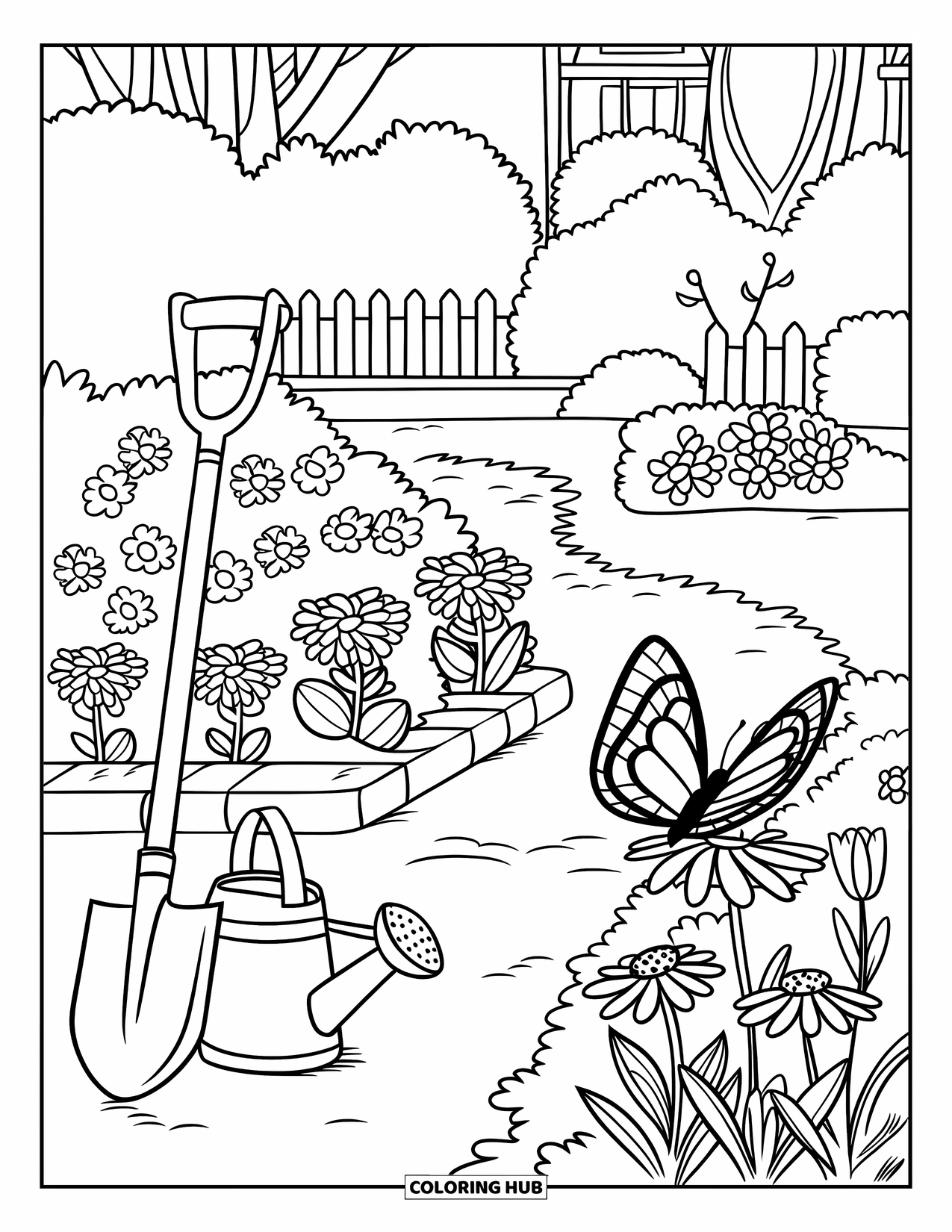 April Coloring Page for Kids: Garden full of flowers, tools, butterflies, and a wooden fence
