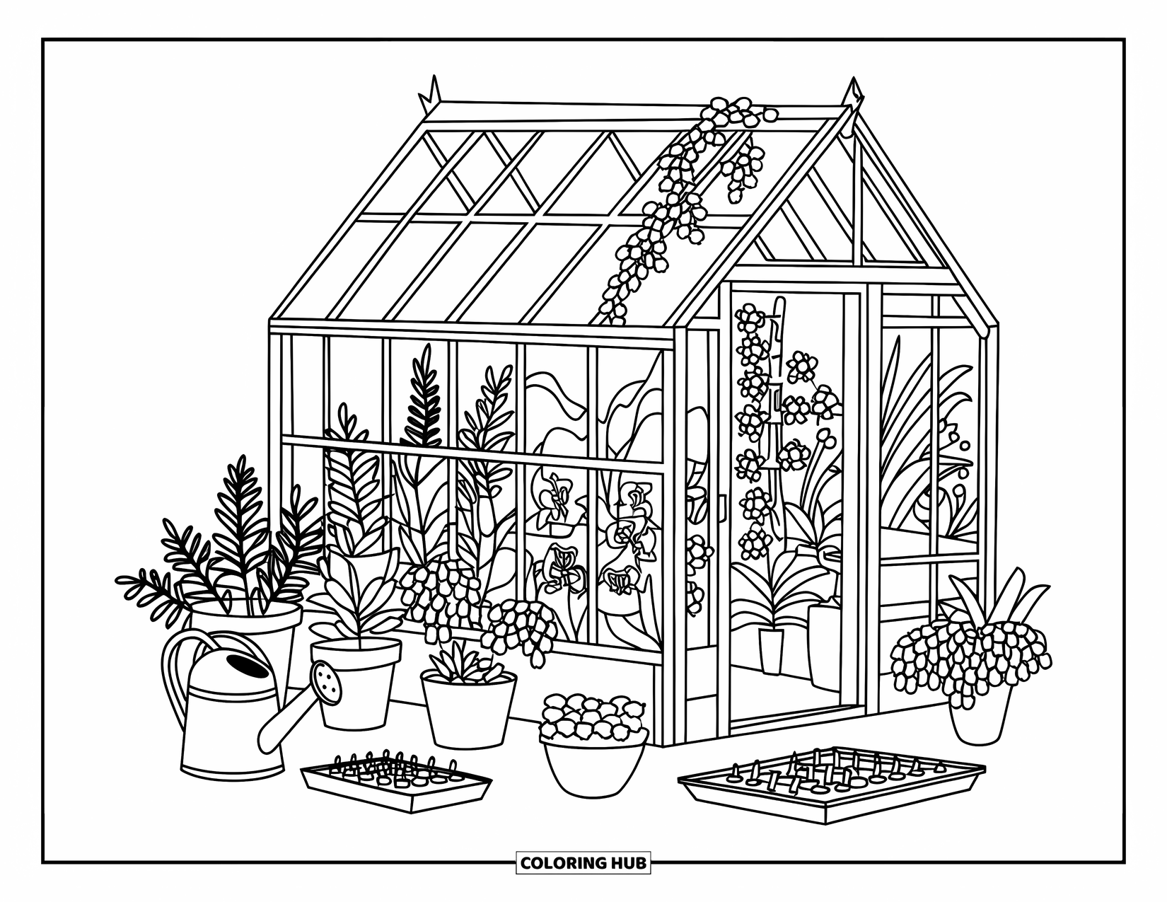 April Coloring Page for Kids: Greenhouse made of glass and wood, filled with lush plants and pots