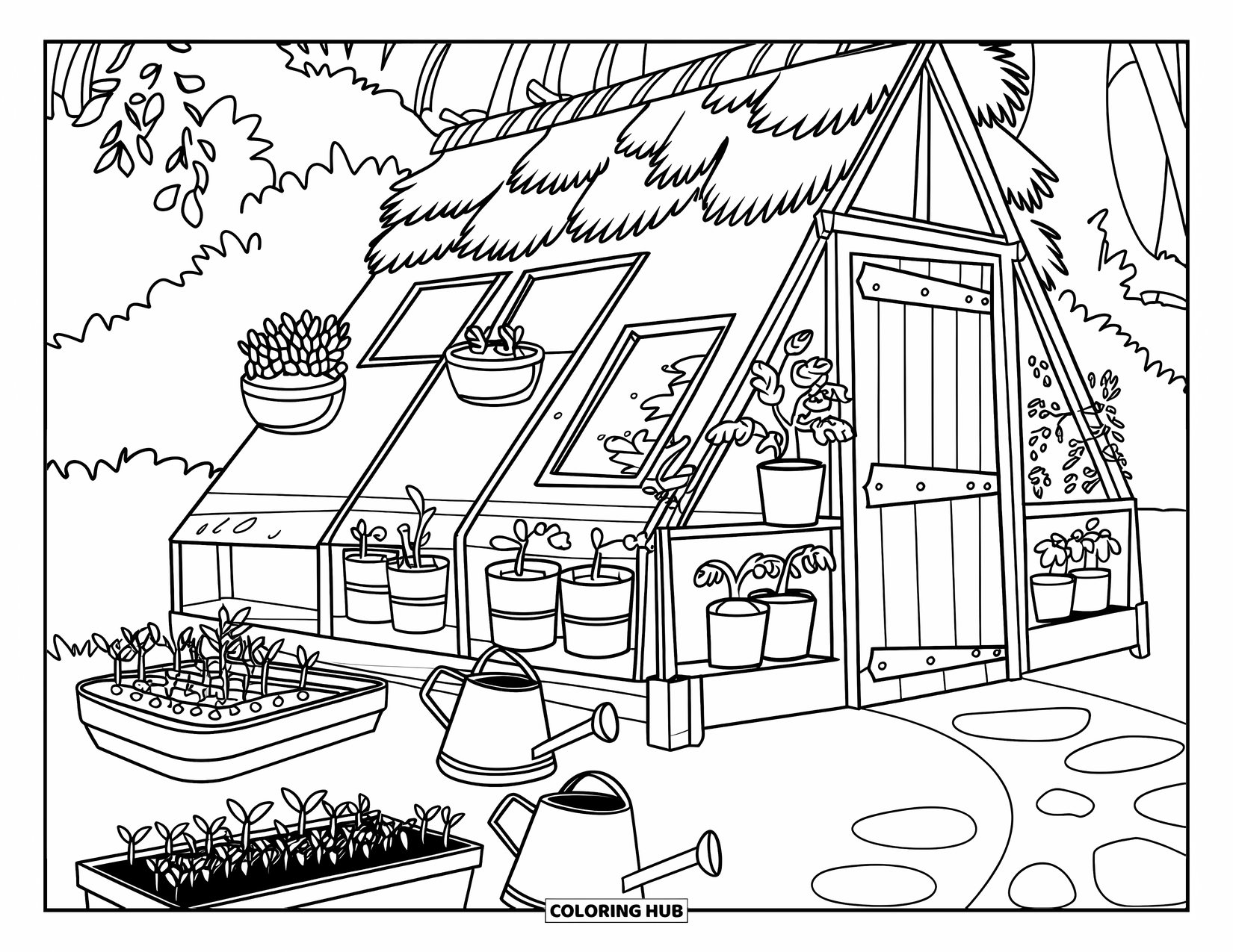April Coloring Page for Kids: Greenhouse with thatched roof, potted plants, and a dirt path