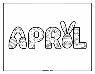 Dubnová omalovánka pro děti: Moderní nápis "April" s králíčky a vzorovanými velikonočními vajíčky