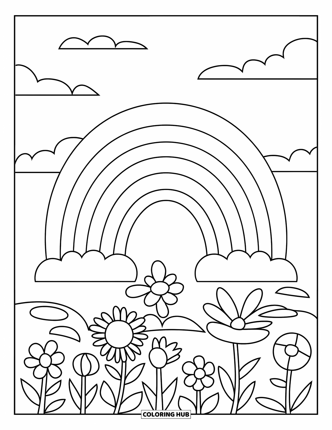 April Coloring Page for Kids: Rainbow and flowers under a sky with fluffy clouds